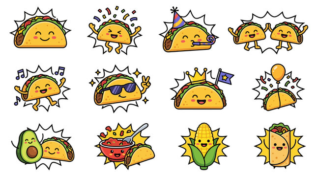 Mexican food taco character sticker set collection.