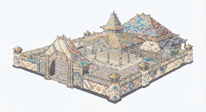 Sundanese Kingdom of Pajajaran Royal Palace Vector | Indonesian Historical Architecture with Batik Pattern 3D Isometric