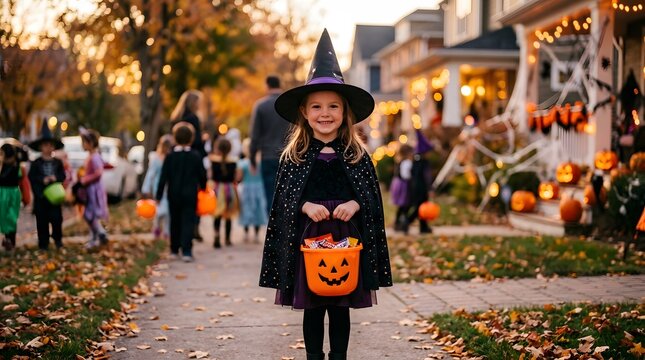 A cute little girl dressed as a witch for a happy halloween trick or treat event in the neighborhood