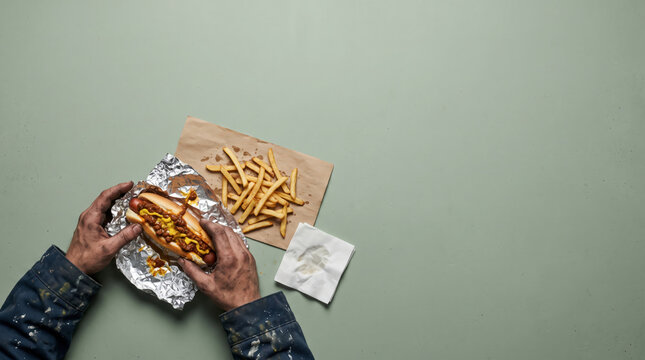 Construction Worker Eating Hot Dog During Lunch Break, Blue Collar Work and Fast Food Concept