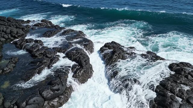 High Angle View of Dark Volcanic Rock Formation with Powerful Sea Waves Crashing and Creating White Foam Coastal Nature Landscape Background