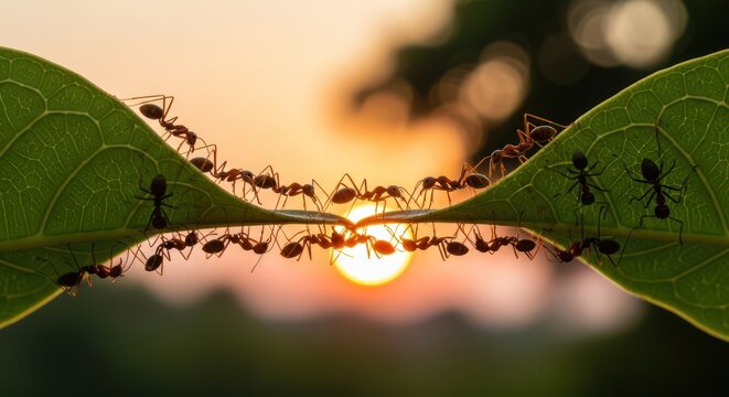Teamwork Ants Building Bridge Sunset.