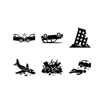 Disaster and accident icon set featuring car crash, plane wreck, falling building, and casualties