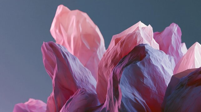 Close-up of a group of pink and purple crumpled paper flowers. the flowers are arranged in a cluster, with the largest flower in the center and the smaller ones on either side.