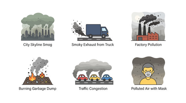 Set of environmental pollution icons showing smog factory emissions traffic congestion and burning waste.