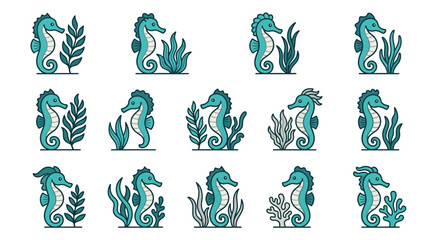 Teal seahorse and seaweed nautical illustrations. © Fatchut