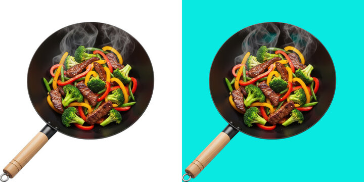 Sizzling stir-fried beef and vegetables in wok isolated on transparent background
