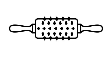 Black and white line art illustration of a handheld spiky massage roller tool © YENI