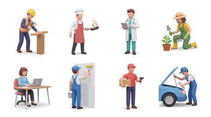 Fototapeta premium Set of diverse 3D cartoon characters representing various professional occupations and jobs.