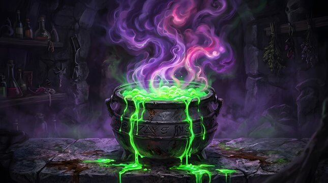 Magical witch cauldron with glowing green potion and purple smoke for a spooky happy halloween celebration background