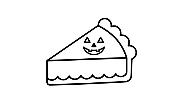 A cheerful cartoon slice of pumpkin pie with a smiling jack-o'-lantern face carved into the crust for Halloween celebration.