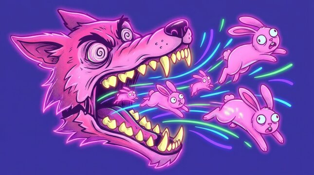 Neon wolf head eating glowing pink rabbits illustration
