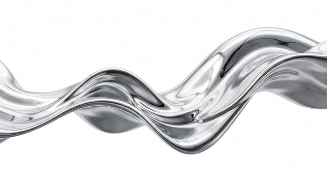 Abstract flowing liquid mercury metallic wave with reflective chrome surfaces on a white background.