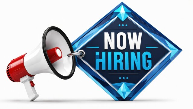 Megaphone and blue diamond sign with now hiring text for recruitment marketing on white background.