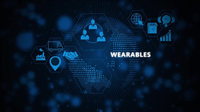 Futuristic digital interface featuring wearables technology concept with animated global network connectivity and data visualization for corporate business presentations and tech marketing