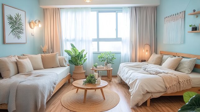 A cozy bedroom with a daybed and a queen-size bed