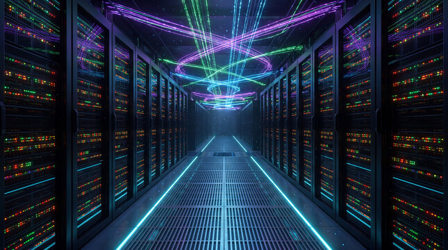 Data Center Hallway: A futuristic hallway in a data center, lined with racks of servers, illuminated by vibrant neon blue and purple lights, with glowing data streams swirling overhead.