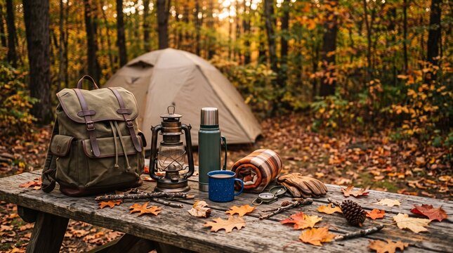 Camping gear on a wooden table in autumn forest. Outdoor equipment for hiking adventure.