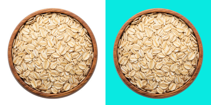 Whole grain oats in wooden bowls isolated on transparent background