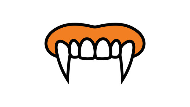 Minimalist black-and-white line drawing of vampire fangs with sharp, pointed teeth and a hollow interior.