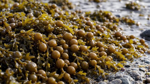Brown seaweed with air bladders on rocky shore
