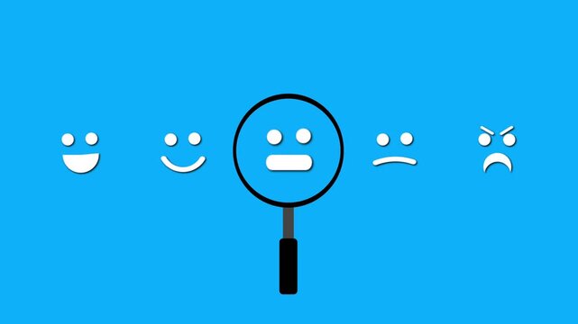 A magnifying glass moves across five feedback emoticons ranging from happy to angry against a bright blue background.