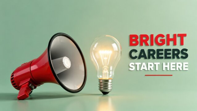 Megaphone and bright careers start here text with glowing light bulb on green background.