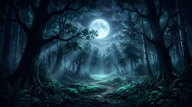A spooky dark forest landscape under a bright full moon perfect for a happy halloween celebration background