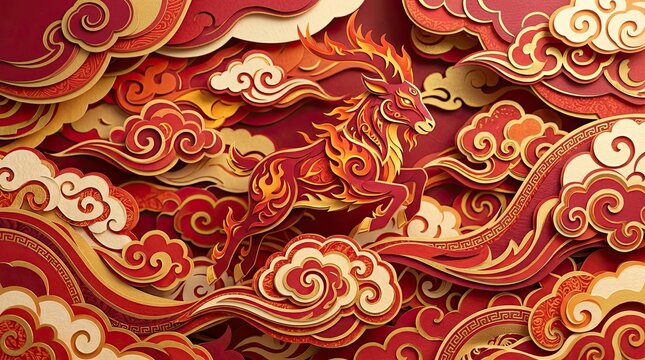 Ornate red and gold deer amid swirling clouds