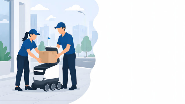 Two delivery workers interacting with an autonomous delivery robot on a city street vector illustration