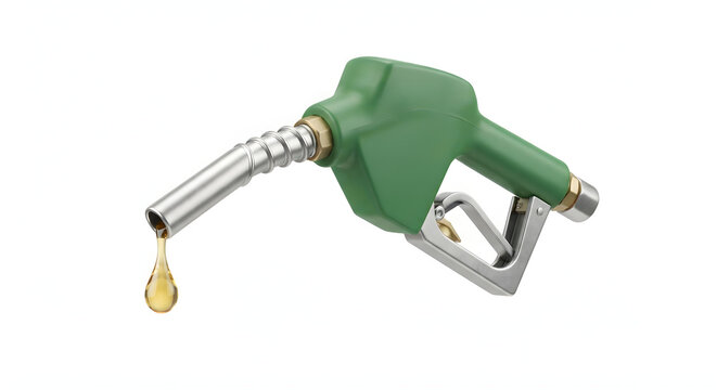 Green gas pump nozzle with dripping golden fuel drop, isolated on transparent background
