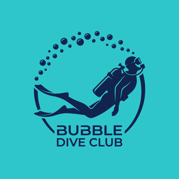 Bubble Dive Club Logo With Scuba Diver and Bubbles Underwater