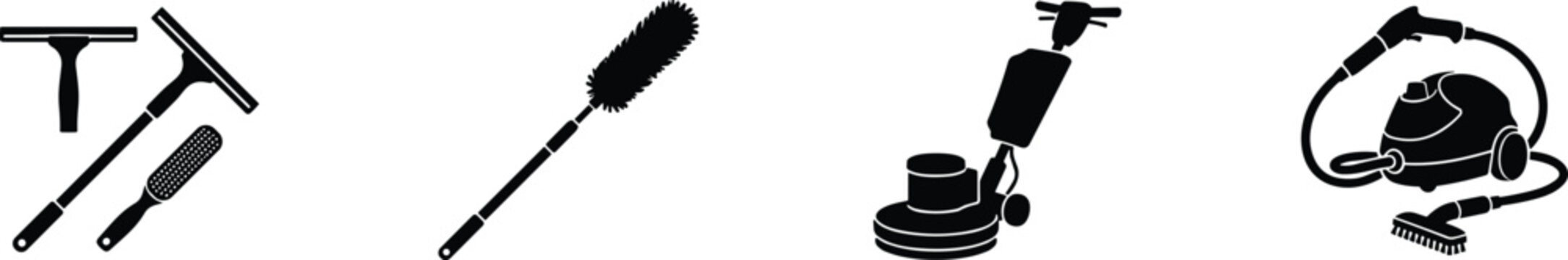 Flat black silhouette icons of professional cleaning service equipment including vacuum cleaner floor buffer duster and squeegee
