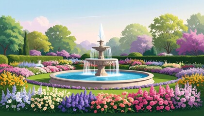 Obraz premium Colorful flower garden with circular fountain and trees.