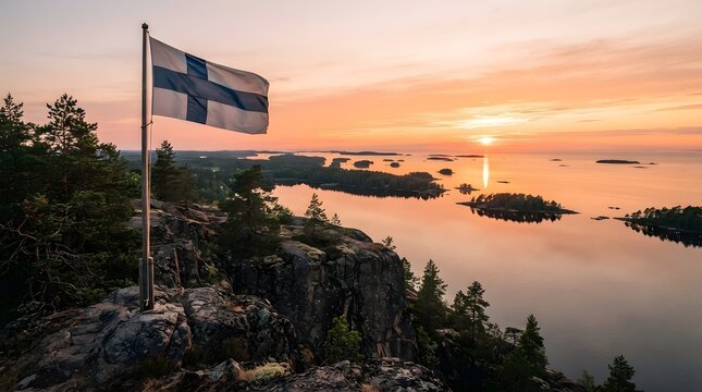 Finnish Flag Over Rocky Coast During Midnight Sun