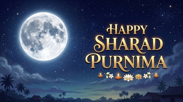 Full moon in night sky with Happy Sharad Purnima text celebration festive glowing clouds