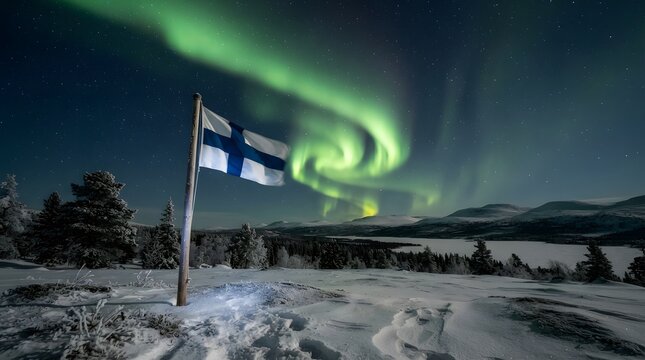 Finnish Flag Beneath Vibrant Aurora Borealis