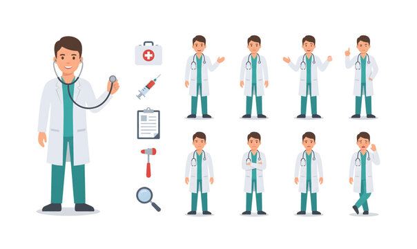 Collection of Doctor with medical tools and different poses.
