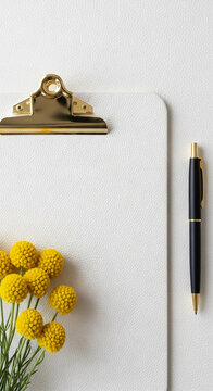 White textured clipboard with gold clip holds a black pen and yellow button flowers, a showcase for notes or planning. free space text mockup blank