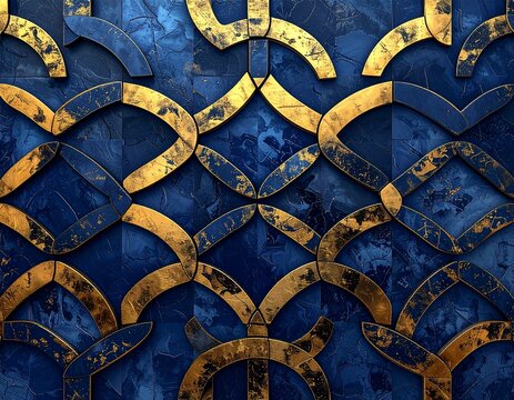 Seamless Japanese Sayagata Pattern with Golden Interlocking Manji on Blue Background