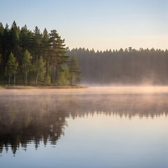 Serene morning mist over a calm forest lake in Finland. © Jinem