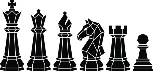 Vector silhouette set of geometric low poly chess pieces including king queen bishop knight rook and pawn © MdArafat