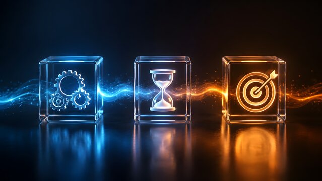 Business workflow optimization concept showing glass cubes with glowing gears hourglass and bullseye target symbols