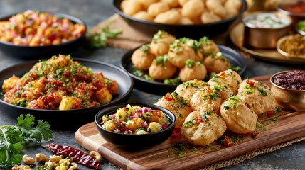 Fototapeta premium Various plates of Indian street food displayed on a table with different snacks and dips in a restaurant setting