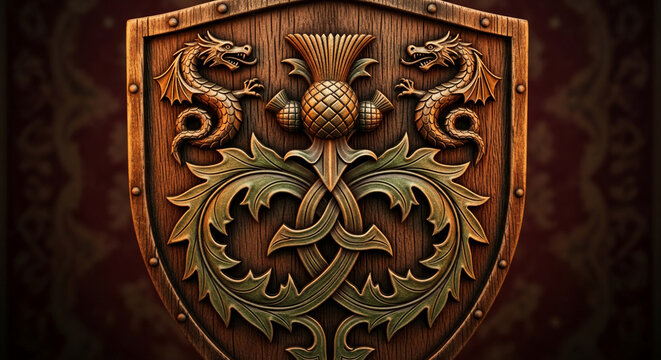 Ornate wooden shield with carved dragon and thistle motif, representing strength, heritage, and fantasy, ideal for historical or gaming themes