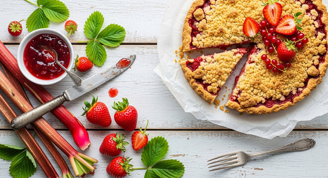 A rustic crumble tart with strawberry and rhubarb filling, surrounded by fresh berries, jam, and ingredients on a wooden table, representing homemade baking.