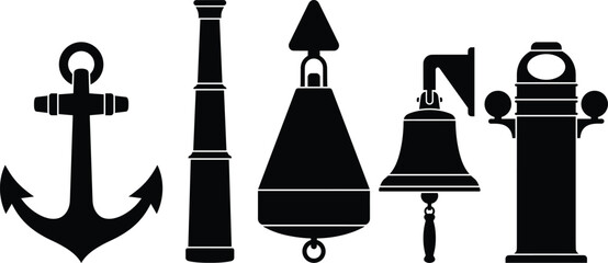 Vector silhouette set of nautical maritime navigation equipment including anchor telescope buoy ship bell and binnacle © MdArafat