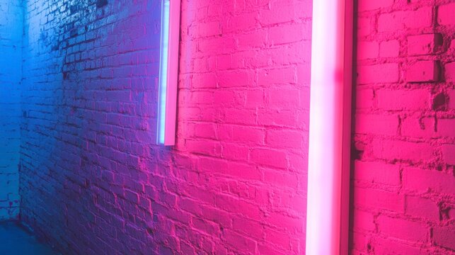 Pink and blue neon lights illuminate a white brick wall.