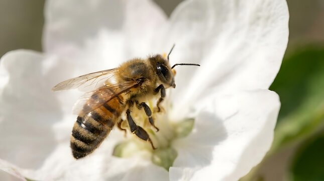 A detailed close-up shot of a fuzzy honey bee resting on a delicate white apple blossom, representing a beautiful abeja pollinating a spring flower.