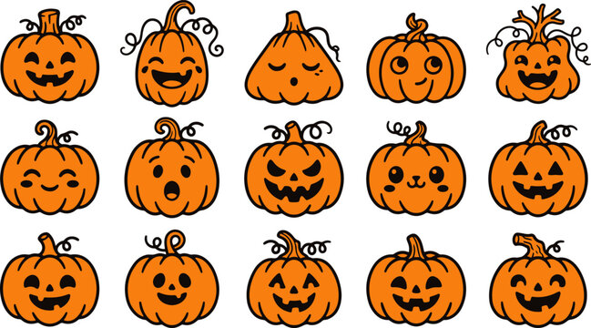 Set of cute hand drawn halloween pumpkin jack o lantern illustrations with various funny facial expressions
